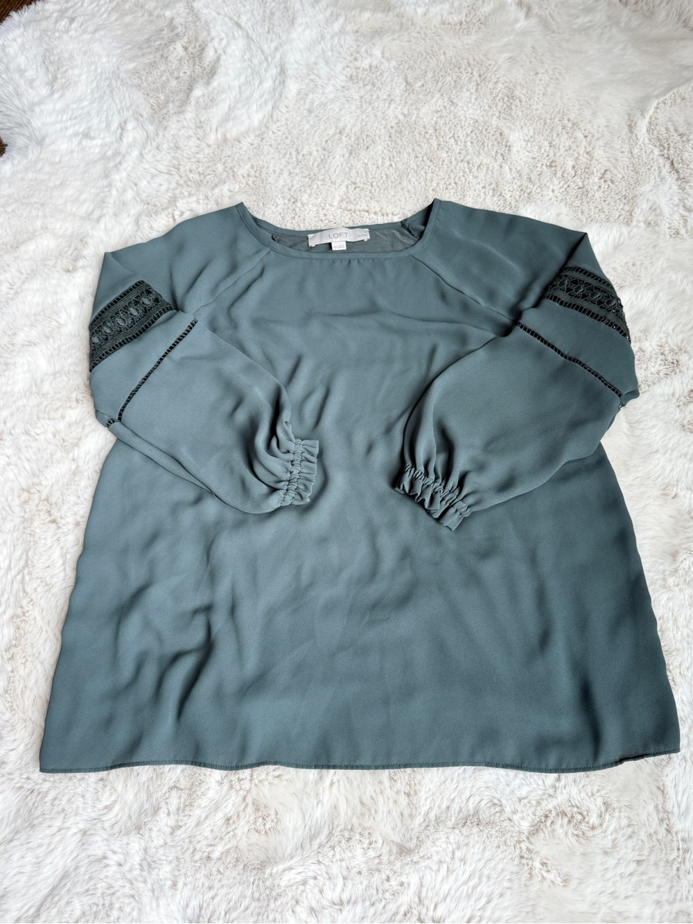 LOFT army green Lace-Trim Long Sleeve top with jersey stretch detail in back